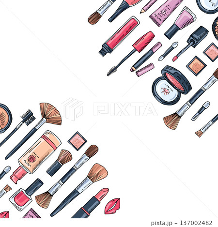 Makeup products on banner template. Beauty cosmetic icons 137002482