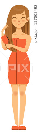 Woman in towel brushing hair with comb color icon 137002492