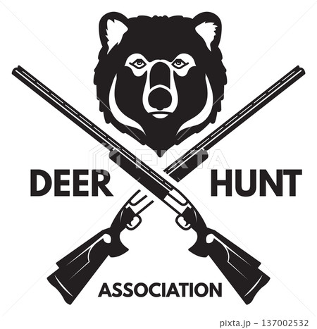 Deer hunt association black emblem. Bear hunting with crossed rifles 137002532