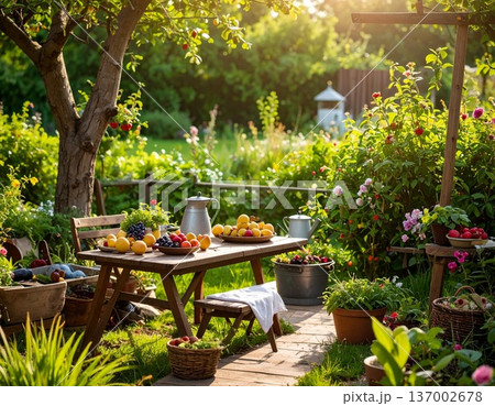 outdoor cafe table with food and flower 137002678