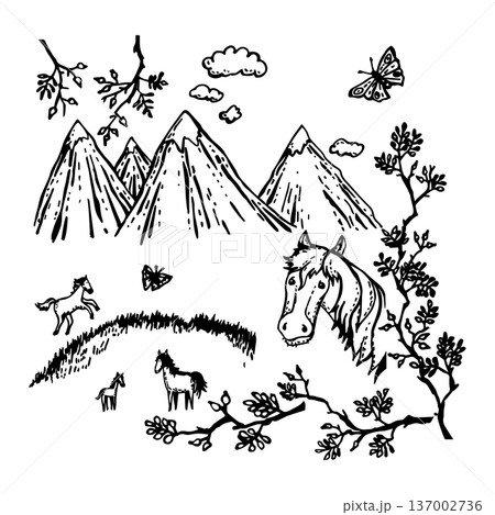 Isolated objects with a horse in the landscape Isolated objects with a horse in the landscape 137002736