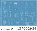 Mechanical engineering drawings on blue background. Cutting tools, milling cutter. Technical Design. Cover. Blueprint. Horizontal seamless pattern. Vector illustration. 137002986
