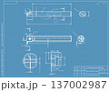 Mechanical engineering drawings on blue background. Cutting tools, milling cutter. Technical Design. Cover. Blueprint. Horizontal seamless pattern. Vector illustration. 137002987