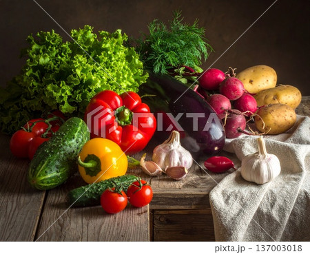 vegetables on wooden table 137003018