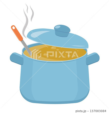 Illustration of soup in a pot on a white background in a vector design, perfect for cooking in a restaurant. 137003084