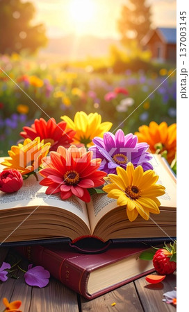 flower bouquet with open book 137003145