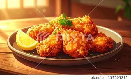 居酒屋定番 鶏の唐揚げ レモン添え 揚げたてイメージ 137003212