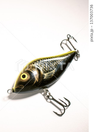 Fishing accessories bobbers, hooks, tackles, baits isolated on white background. Image for shop for fisherman. Close up Fishing accessories bobbers, hooks, tackles, baits isolated on white background. Image for shop for fisherman. Close up 137003736