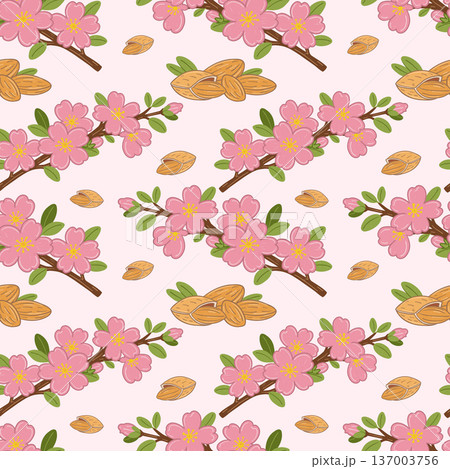 Almond tree seamless floral pattern in childlike botanical style Almond tree seamless floral pattern in childlike botanical style 137003756