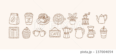 Minimalist coffee element vector set with espresso machine grinder kettle and barista tools in hand drawn doodle line art style for cafe menu design Minimalist coffee element vector set with espresso machine grinder kettle and barista tools in hand drawn doodle line art style for cafe menu design 137004054
