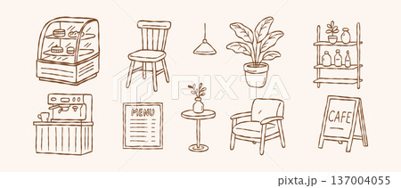 Hand drawn cafe icons set coffee shop furniture and equipment doodle collection minimalist vector illustration of bakery elements cozy interior design objects isolated brown line art 137004055