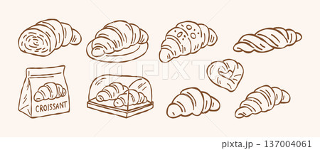 Fresh croissant and assorted pastry vector set in hand drawn doodle line art style for bakery menu cafe breakfast and food branding design 137004061