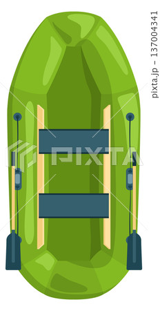 Rubber boat with paddles. Green ship top view 137004341