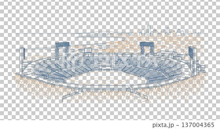 棒球場和城市天際線插圖。線條畫。舊金山灣區。棒球場。全景景觀。背景素材。 137004365