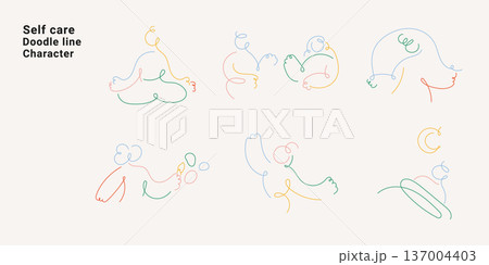Abstract doodle line characters representing self care, relaxation, and mindfulness. Minimal colorful line art style ideal for wellness, mental health, lifestyle, and presentation design. 137004403
