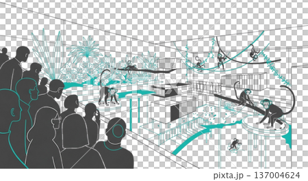 Monkey exhibit facility illustration material Zoo Visitors Monkey house Monkey cage Tropical plants Line drawing Background material 137004624