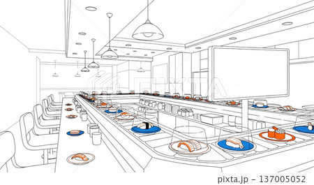 回転寿司レストランのイラスト素材 店内 寿司カウンター 線画 飲食店 背景素材 回転寿司レストランのイラスト素材 店内 寿司カウンター 線画 飲食店 背景素材 137005052