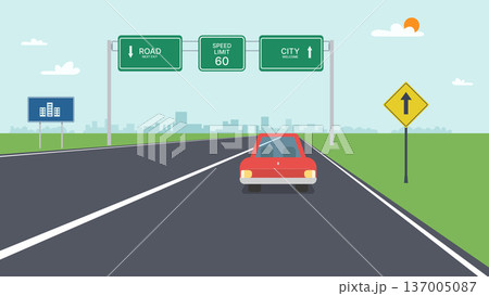 Red Car Driving on a Highway Toward a City Skyline with Road Signs and Speed Limit flat vector illustration 137005087