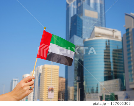 female hand holding tiny flag of UAE 137005303