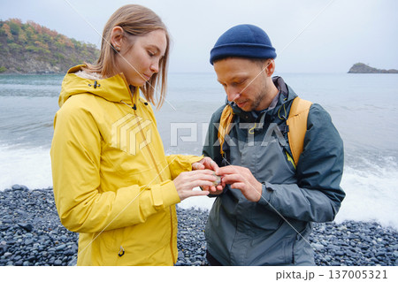 Couple enjoys Turkish coastline near Kemer. Couple enjoys Turkish coastline near Kemer. 137005321