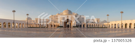 Abu Dhabi, UAE January 15, 2024 Qasr Al Watan s exterior entrance during the sunset. Abu Dhabi, UAE January 15, 2024 Qasr Al Watan s exterior entrance during the sunset. 137005326