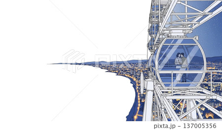 観覧車のカップルイラスト素材 夜景 ゴンドラ内 海辺の街 線画風 デート 観光名所 背景素材 137005356