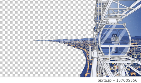 観覧車のカップルイラスト素材 夜景 ゴンドラ内 海辺の街 線画風 デート 観光名所 背景素材 137005356