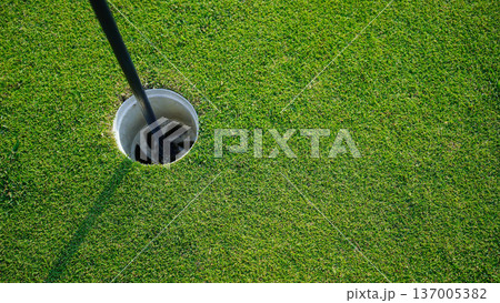Golf hole is on a green lawn in a beautiful golf course. 137005382