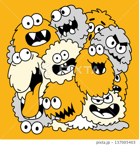 Cute monster cartoon doodle furry yellow gray white funny happy group expressive playful 137005403
