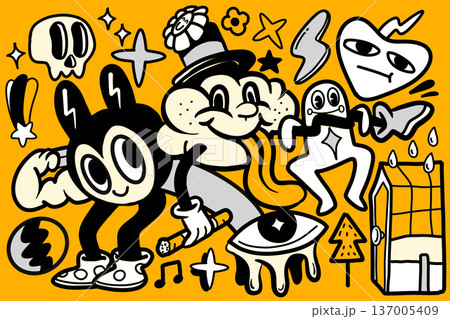 Cartoon doodle character comic retro style bold line playful expressive illustration Cartoon doodle character comic retro style bold line playful expressive illustration 137005409