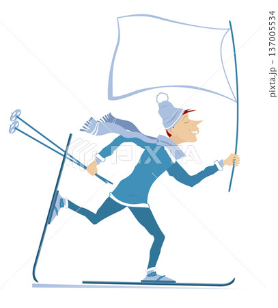 Winter sport. Skier man with a flag. Winner. Young skier man holding a flag. Isolated on white background 137005534