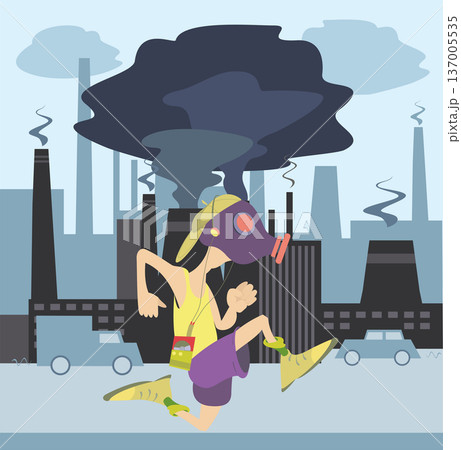 Running man in the protective mask on industrial factory background. Young man in the gas mask runs and listens music on player using headphones. Bad ecology. Factory smoke. Dust Air Pollution 137005535