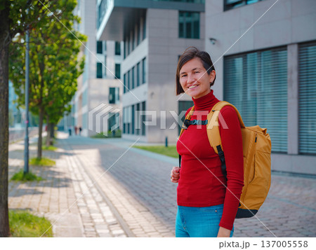 Tourist woman explores modern Frankfurt, Tourist woman explores modern Frankfurt, 137005558