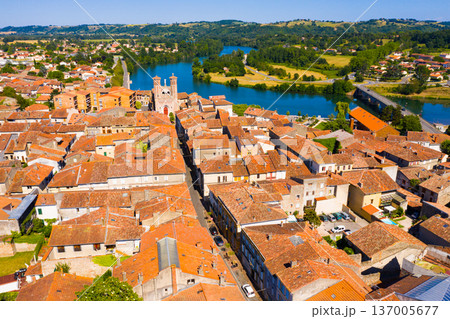 Aerial view of Cazeres with Church of Notre Dame Aerial view of Cazeres with Church of Notre Dame 137005677