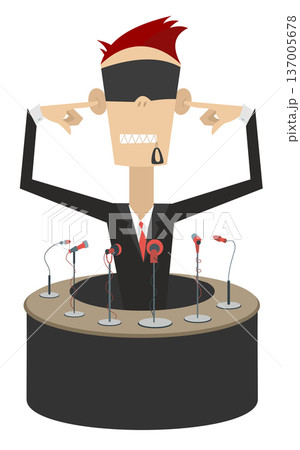 Functionary does not want to hear, see and speak. Deaf, dumb, blind. Politician or businessman sits in front of microphones and does not want to give the interview to mass media Functionary does not want to hear, see and speak. Deaf, dumb, blind. Politician or businessman sits in front of microphones and does not want to give the interview to mass media 137005678