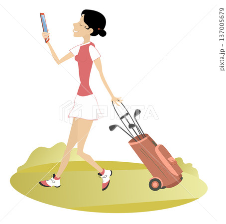 Young golfer woman on the golf course holding smartphone. Young woman with golf bag looking at smart phone 137005679