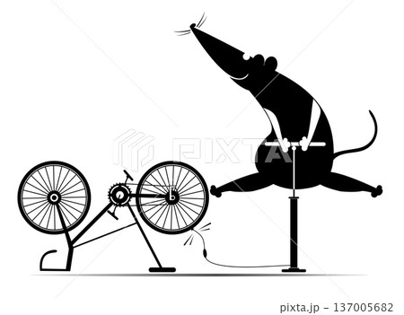 Cycling rat or mouse and a broken bicycle. Cartoon rat or mouse inflates the wheel of the bicycle. Black and white illustration Cycling rat or mouse and a broken bicycle. Cartoon rat or mouse inflates the wheel of the bicycle. Black and white illustration 137005682