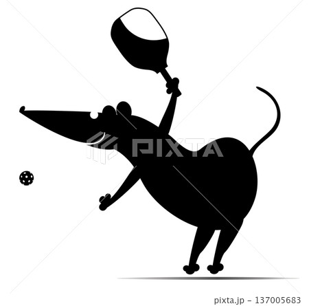 Cartoon rat or mouse plays pickleball.  Pickleball court. Funny rat or mouse tries to do a good shot. Black and white illustration 137005683