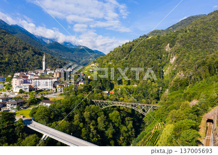 View from drone of alpine township of Intragna, Switzerland View from drone of alpine township of Intragna, Switzerland 137005693