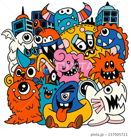 Colorful monster cartoon city happy funny group doodle playful cute fantasy 137005721
