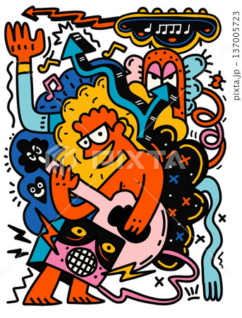 Colorful cartoon musician playing guitar with energetic abstract shapes, music notes Colorful cartoon musician playing guitar with energetic abstract shapes, music notes 137005723