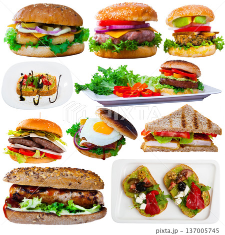 Collection of burgers, sandwiches and toasts on white Collection of burgers, sandwiches and toasts on white 137005745