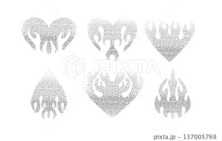 Monochrome stipple vector set with gothic flame and heart shapes. Y2K dotwork texture with grainy grunge effect for tribal tattoo design, retro stickers, streetwear prints and dark aesthetic. 137005769