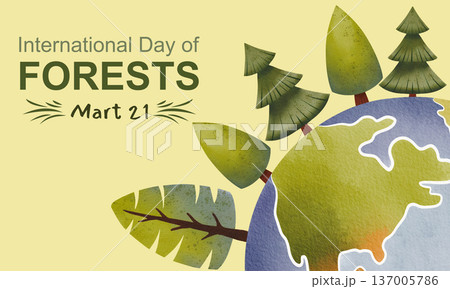 Banner cover for International Forest Day. Featuring a globe and trees of varying shades, hand painted in watercolor. 137005786