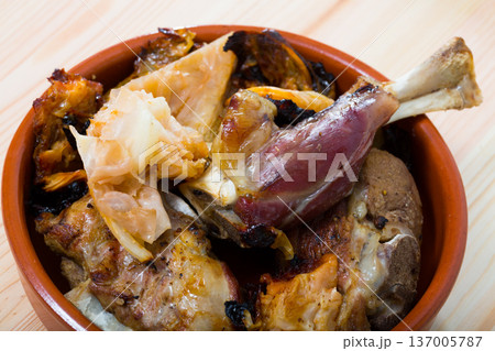 Grilled tasty lamb with cabbage cooked at clay bowl, Foricol dish 137005787