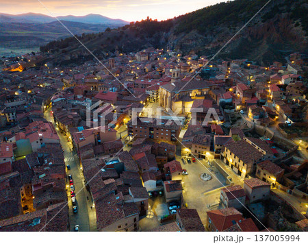 Aerial view of Daroca with Basilica at sunset 137005994