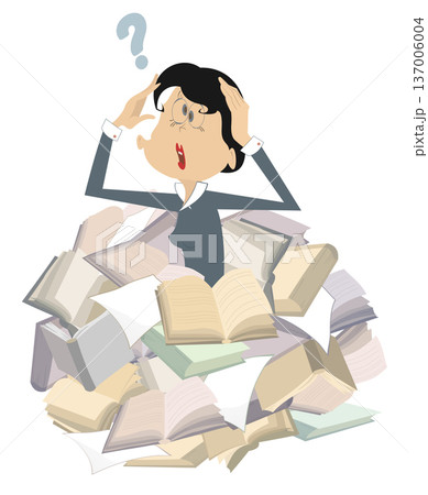 You can find answers to questions in the books. It is hard to be intelligent. Confusion woman appears from a pile of books. Concept 137006004
