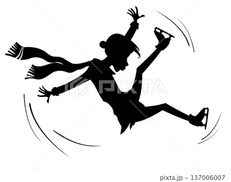 Falling down figure skater woman.  Winter sport. Young figure skater woman slips on the ice. Black on white background 137006007