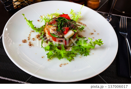 Cod timbale with baked red pepper, rocket and olive tapenade Cod timbale with baked red pepper, rocket and olive tapenade 137006017