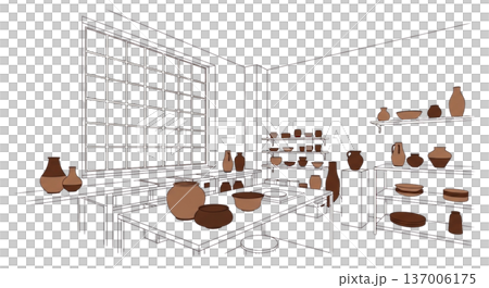 陶藝工作室內部 陶藝工作坊 窗戶、架子和器皿 工作室插圖 137006175